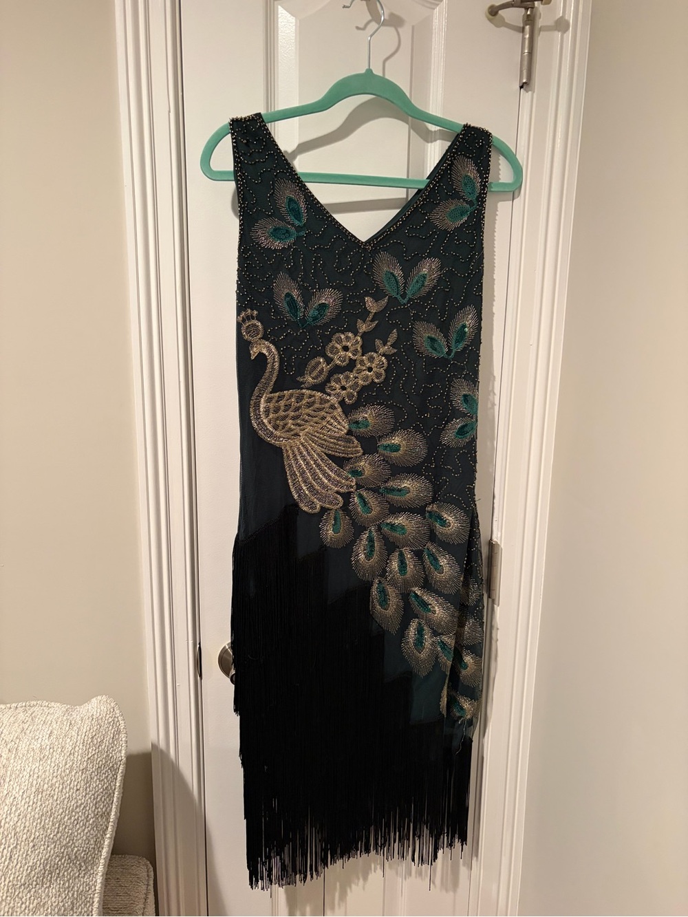 Embroidered Peacock Fringe flapper Costume - Black and Emerald